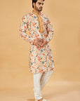 Mustard Floral Print Kurta with Embellished Collar