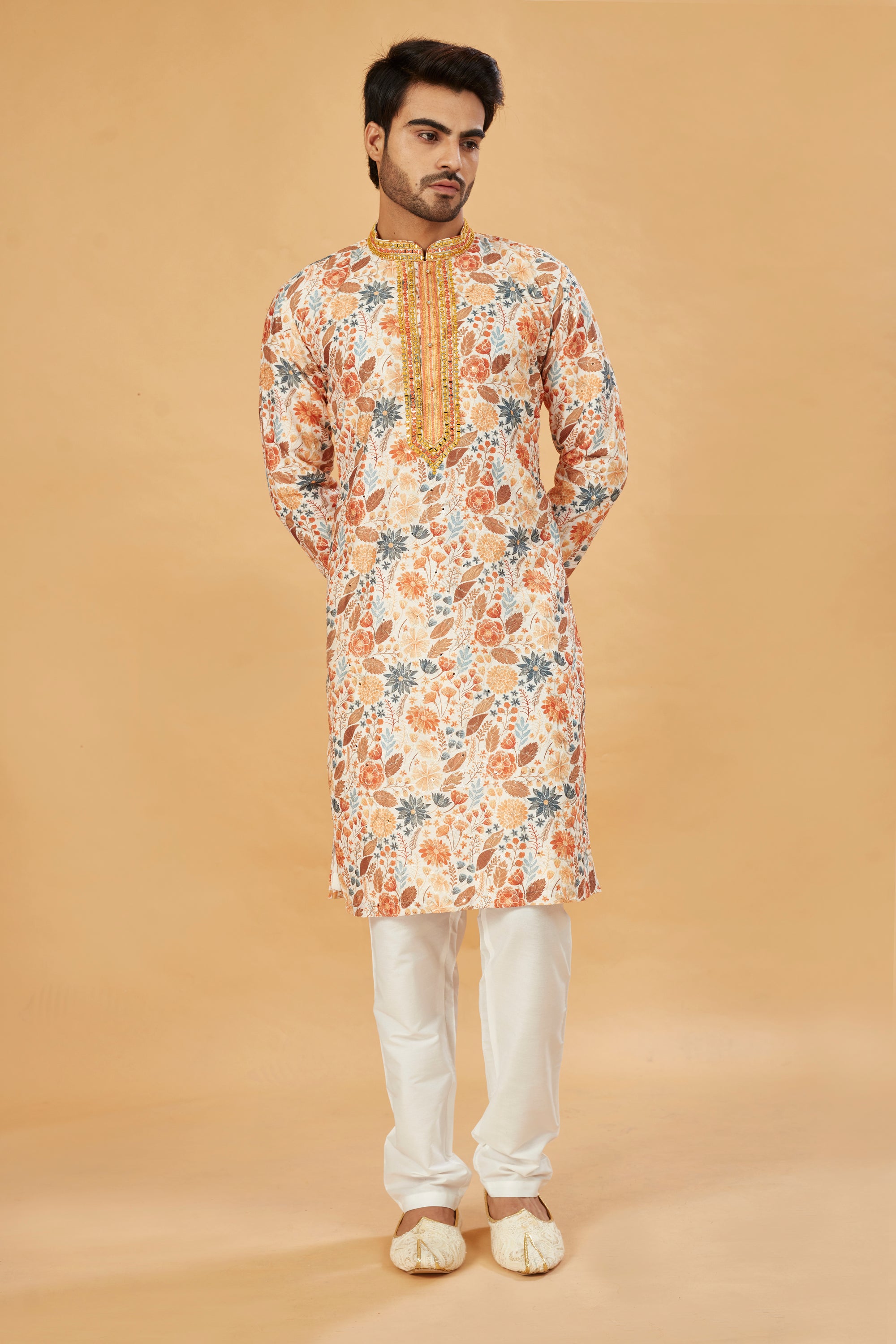 Mustard Floral Print Kurta with Embellished Collar