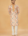 Mustard Floral Print Kurta with Embellished Collar