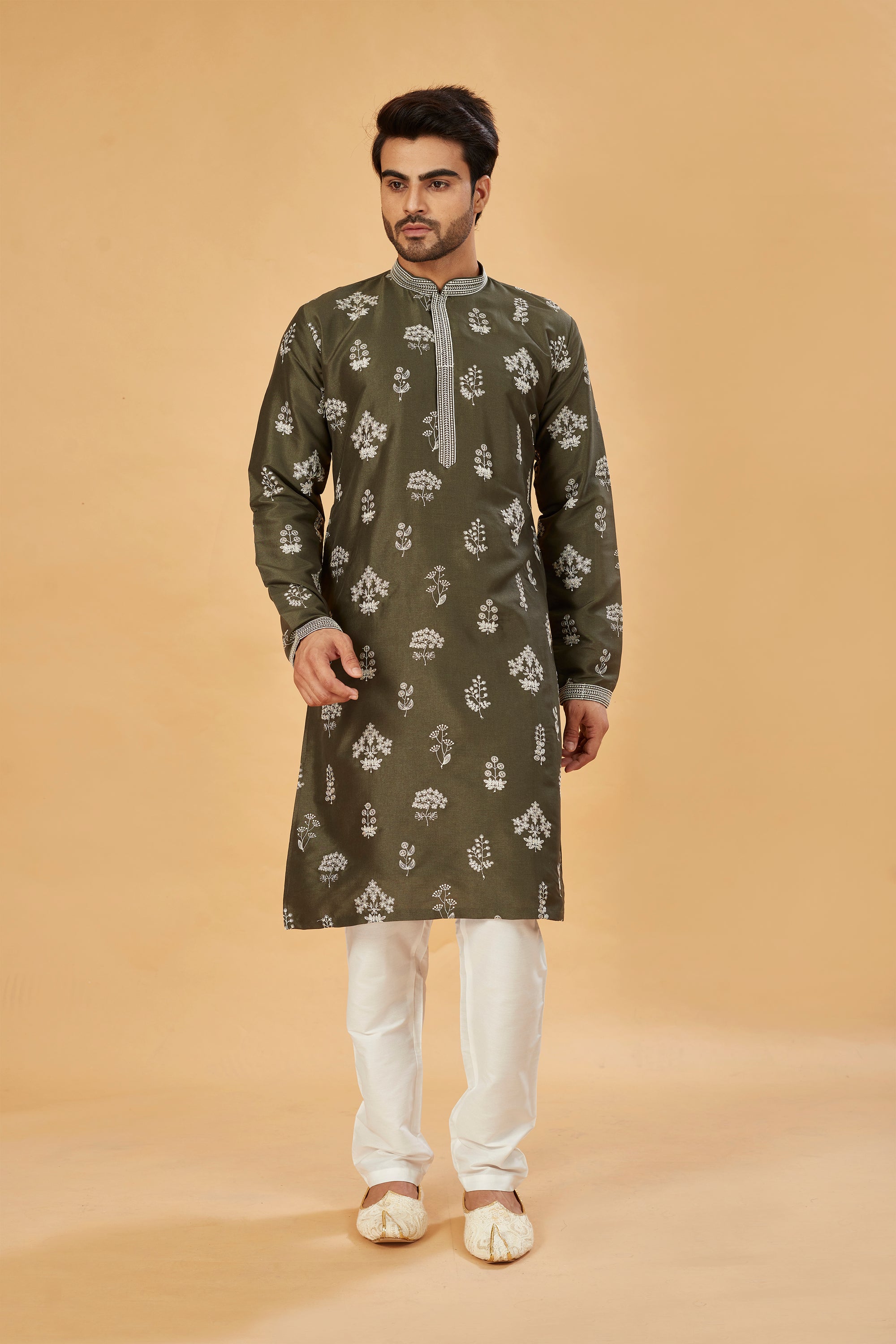 Mehendi green kurta with white motif work