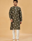 Mehendi green kurta with white motif work