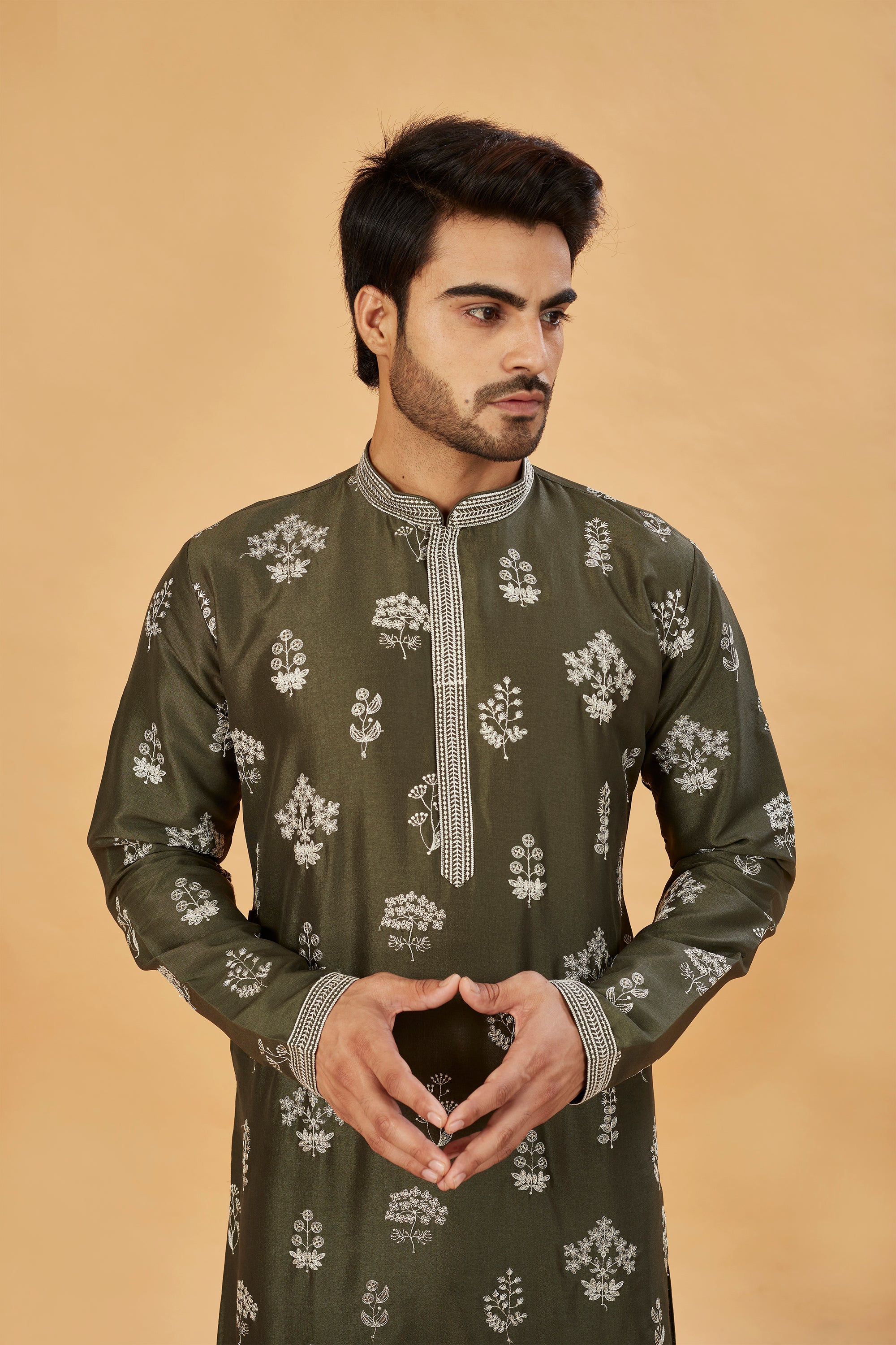 Mehendi green kurta with white motif work