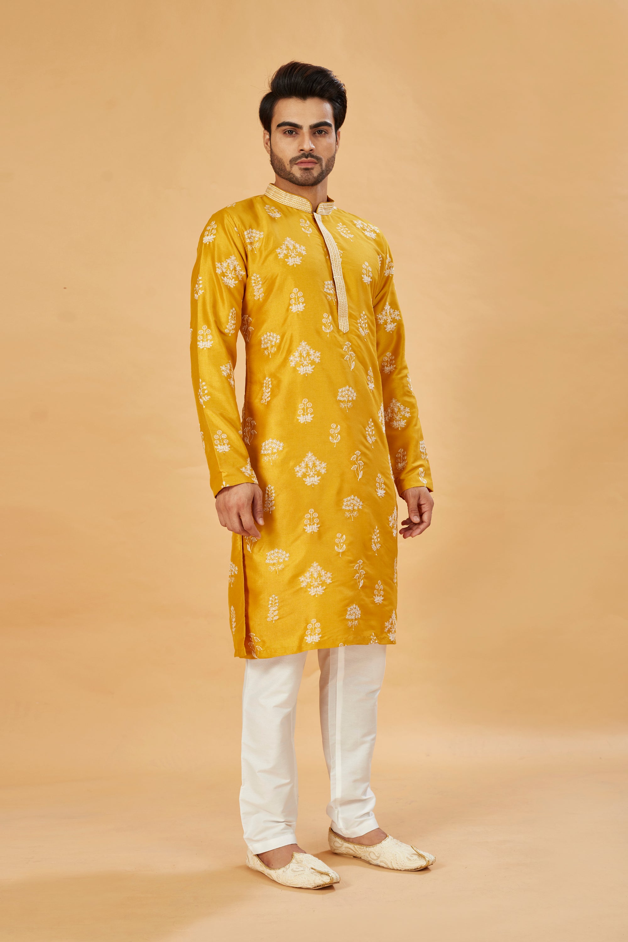 Mustard yellow kurta with white motif work