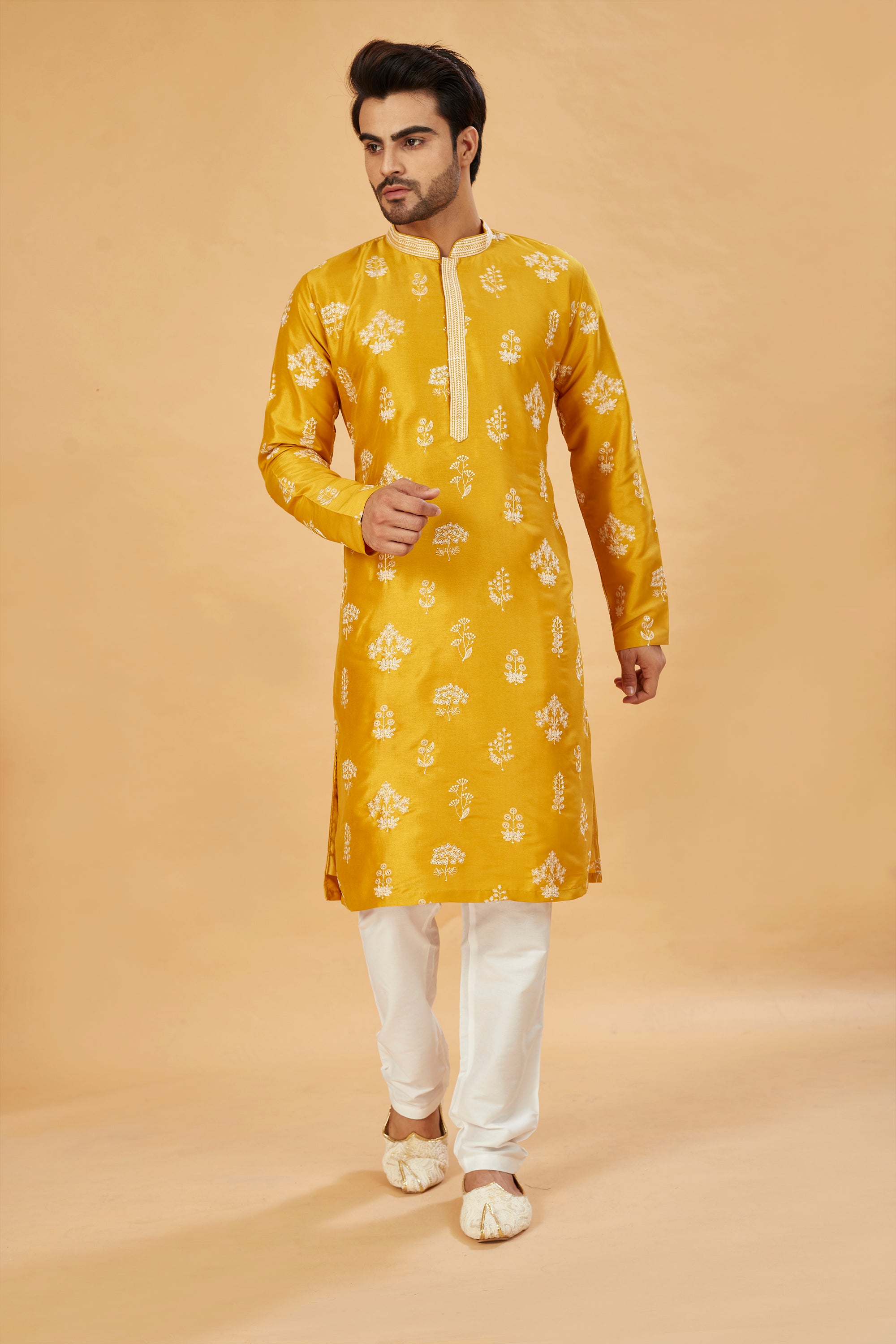 Mustard yellow kurta with white motif work