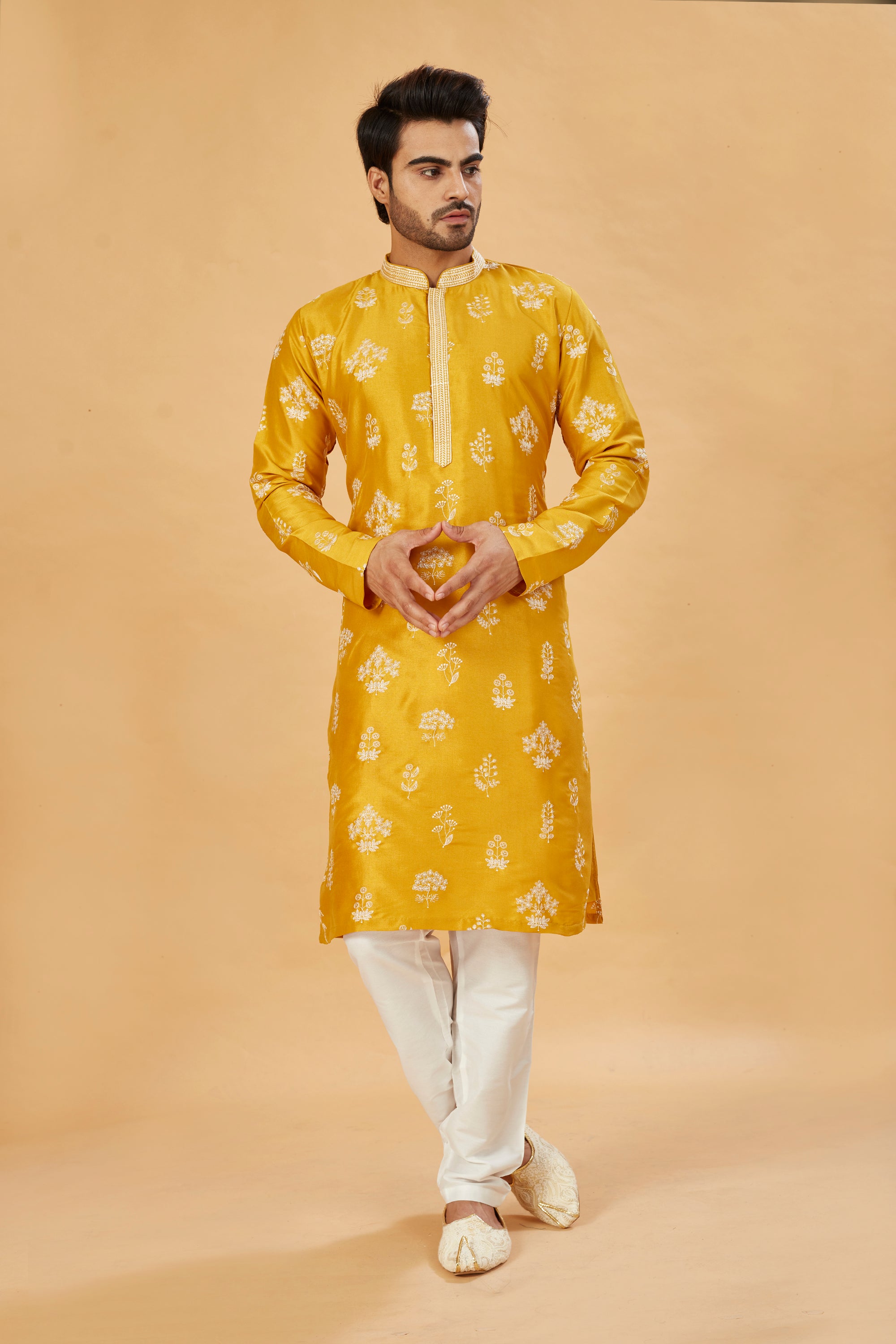 Mustard yellow kurta with white motif work