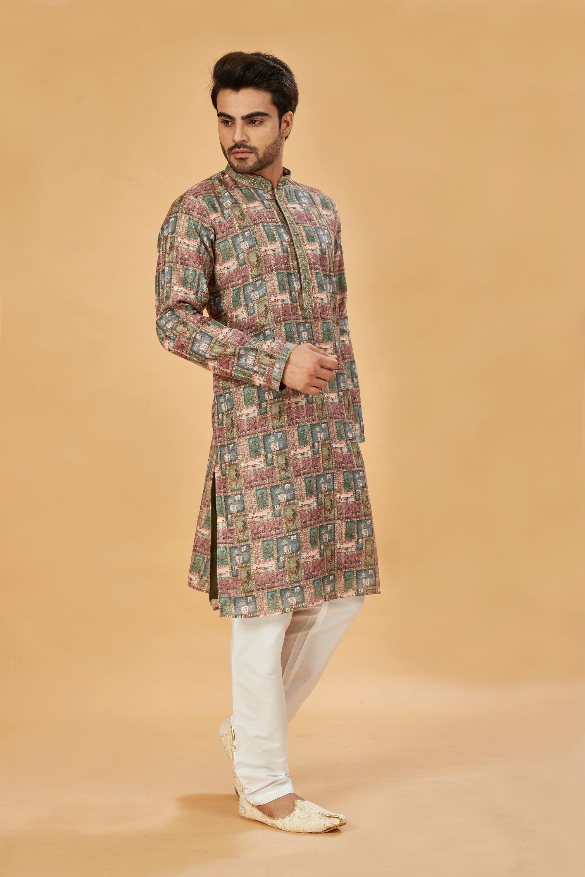 Multi-color green printed kurta