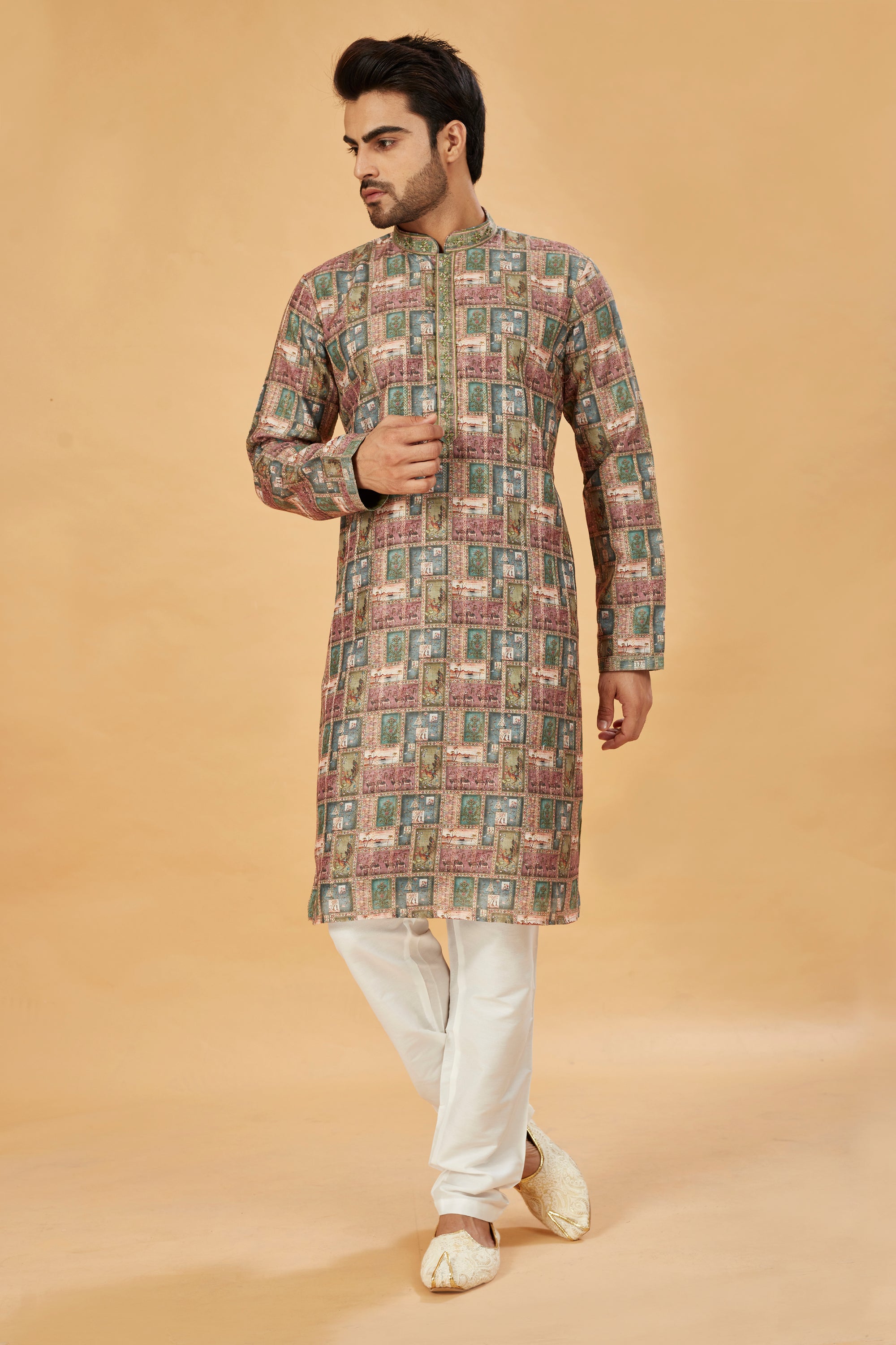 Multi-color green printed kurta