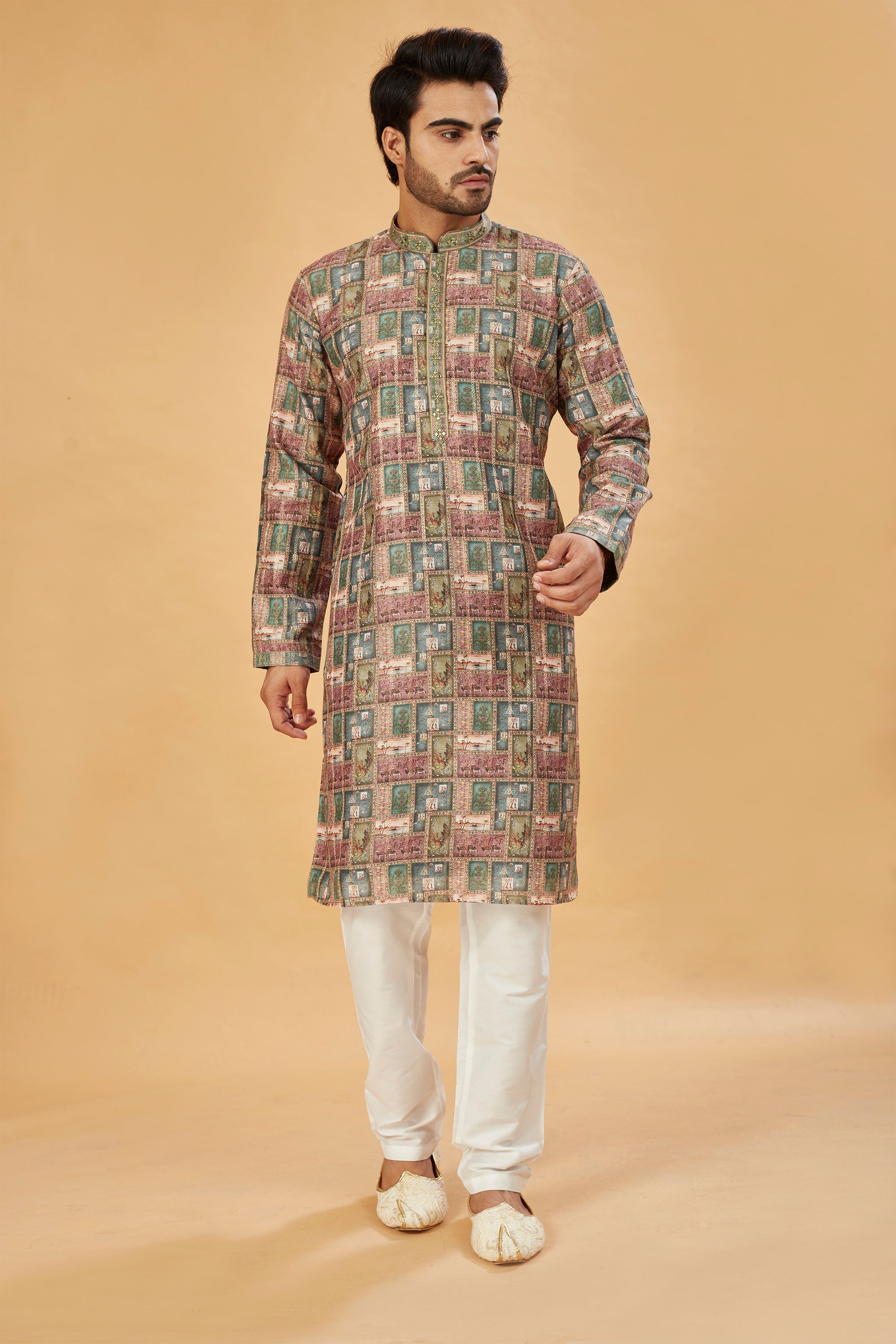 Multi-color green printed kurta