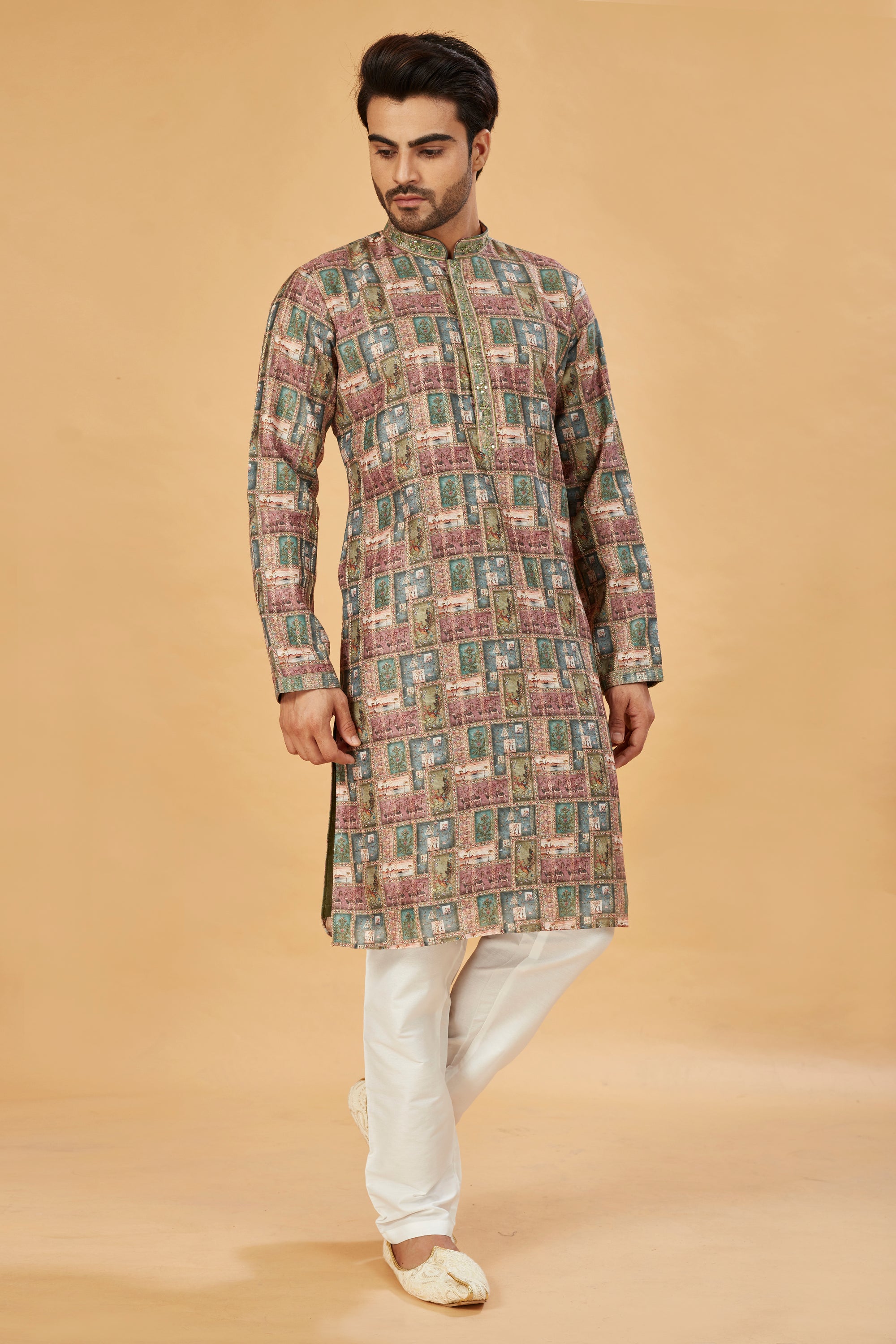 Multi-color green printed kurta