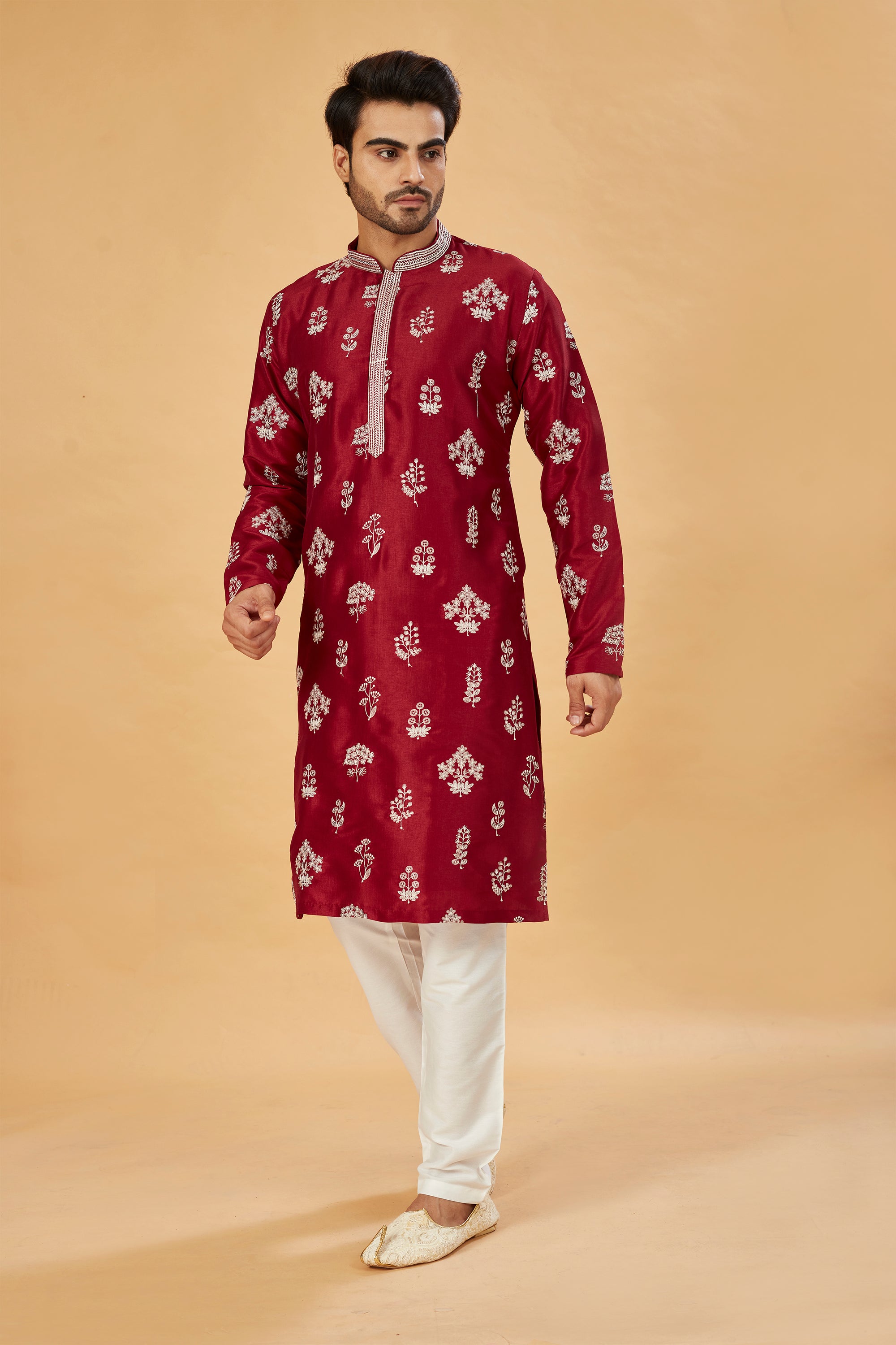Maroon kurta with white motif work