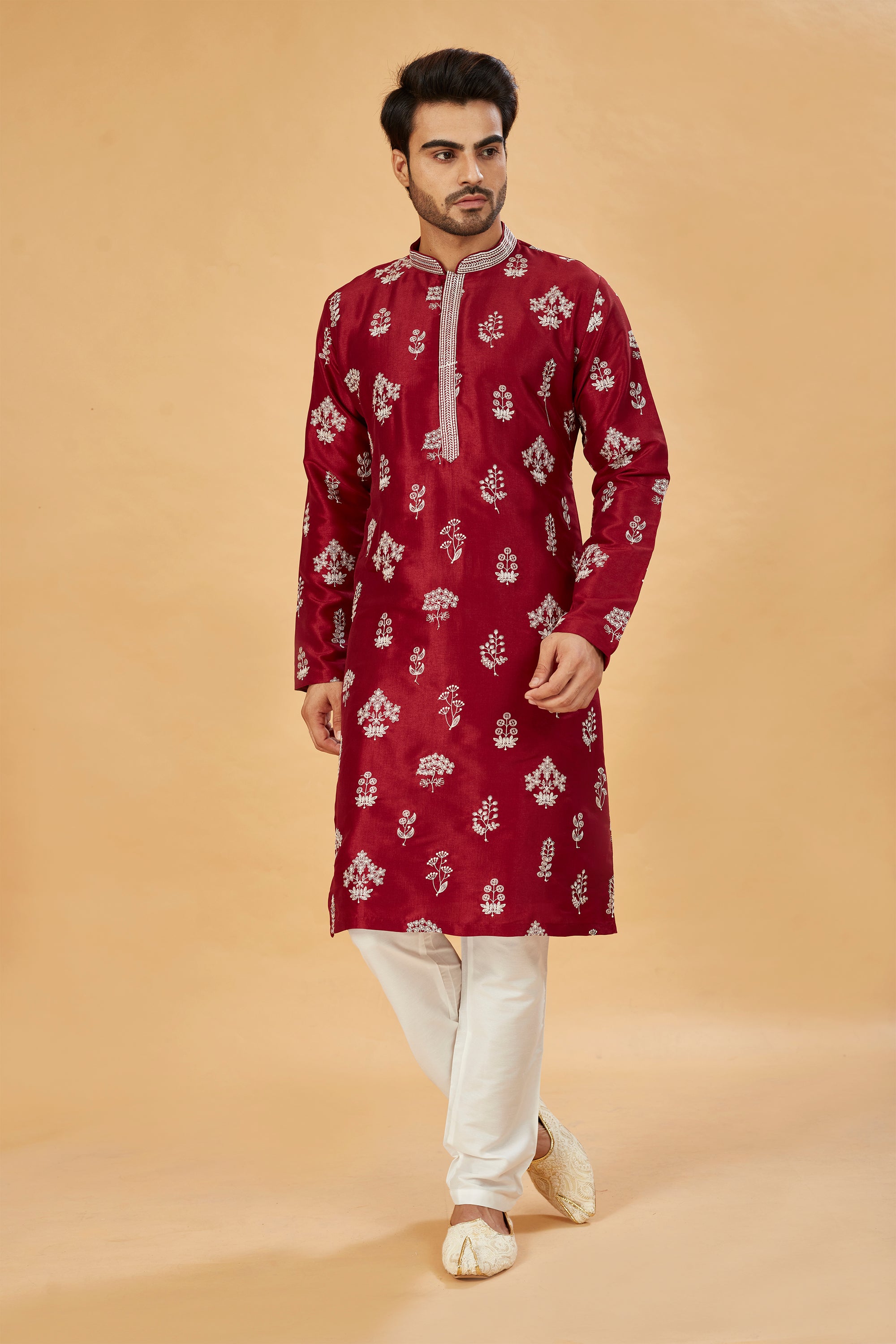 Maroon kurta with white motif work