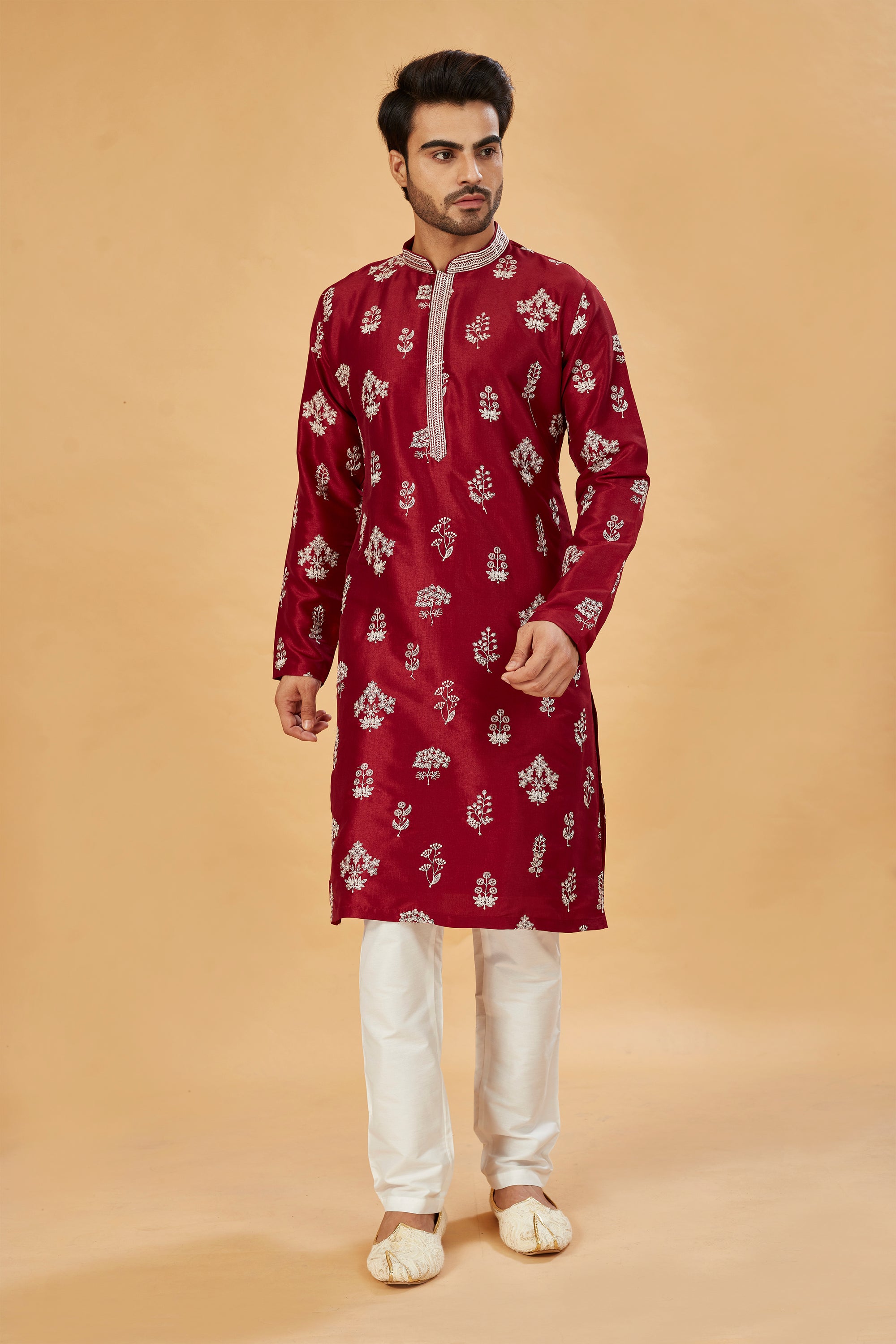 Maroon kurta with white motif work