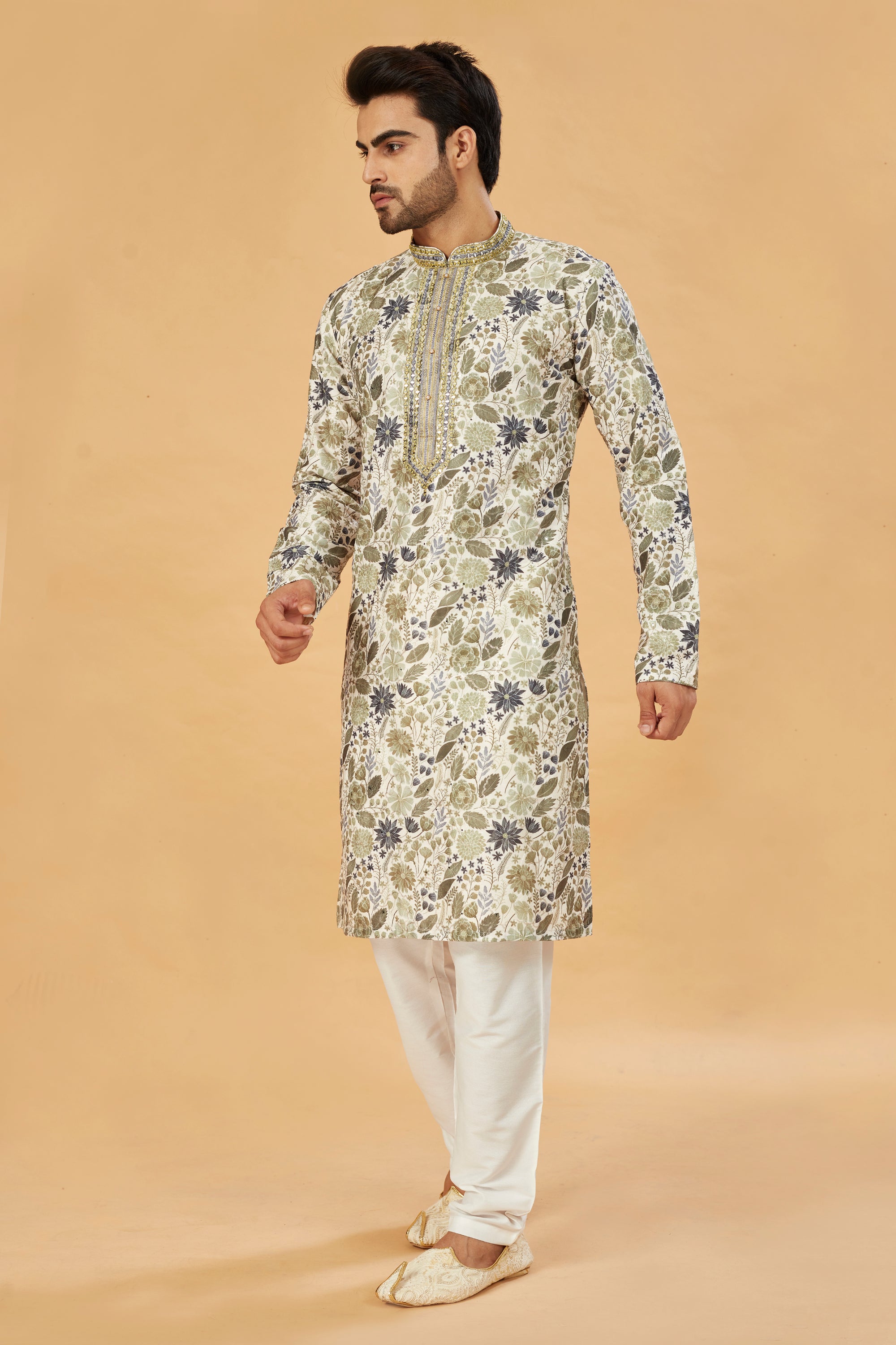 Mehendi Floral Print Kurta with Embellished Collar