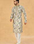 Mehendi Floral Print Kurta with Embellished Collar