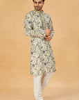 Mehendi Floral Print Kurta with Embellished Collar