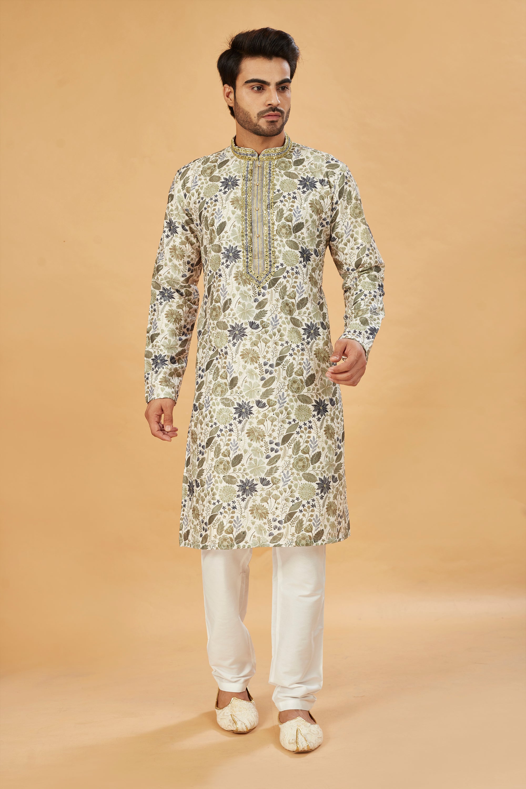 Mehendi Floral Print Kurta with Embellished Collar