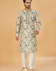 Mehendi Floral Print Kurta with Embellished Collar