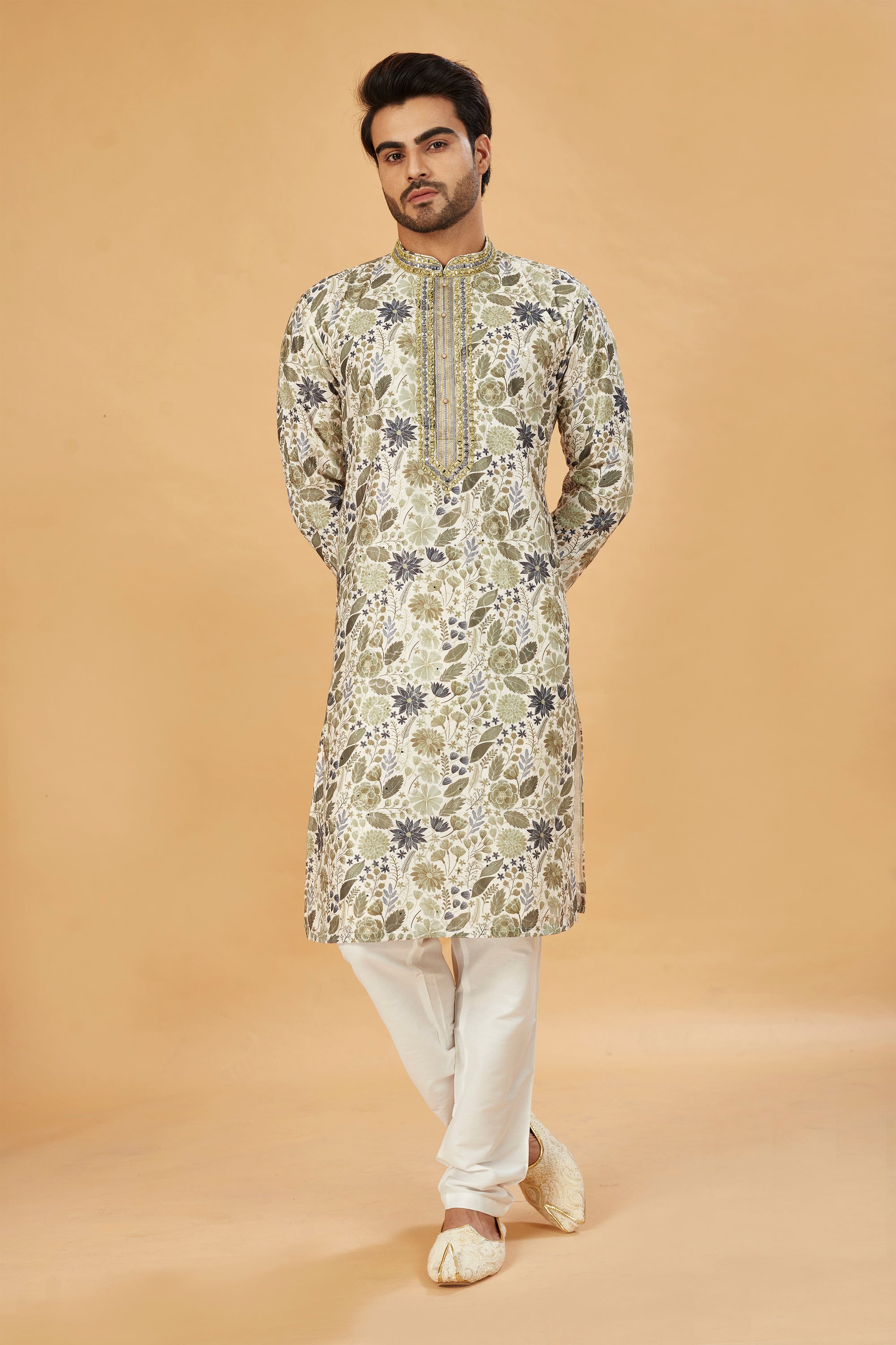 Mehendi Floral Print Kurta with Embellished Collar