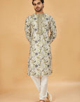 Mehendi Floral Print Kurta with Embellished Collar