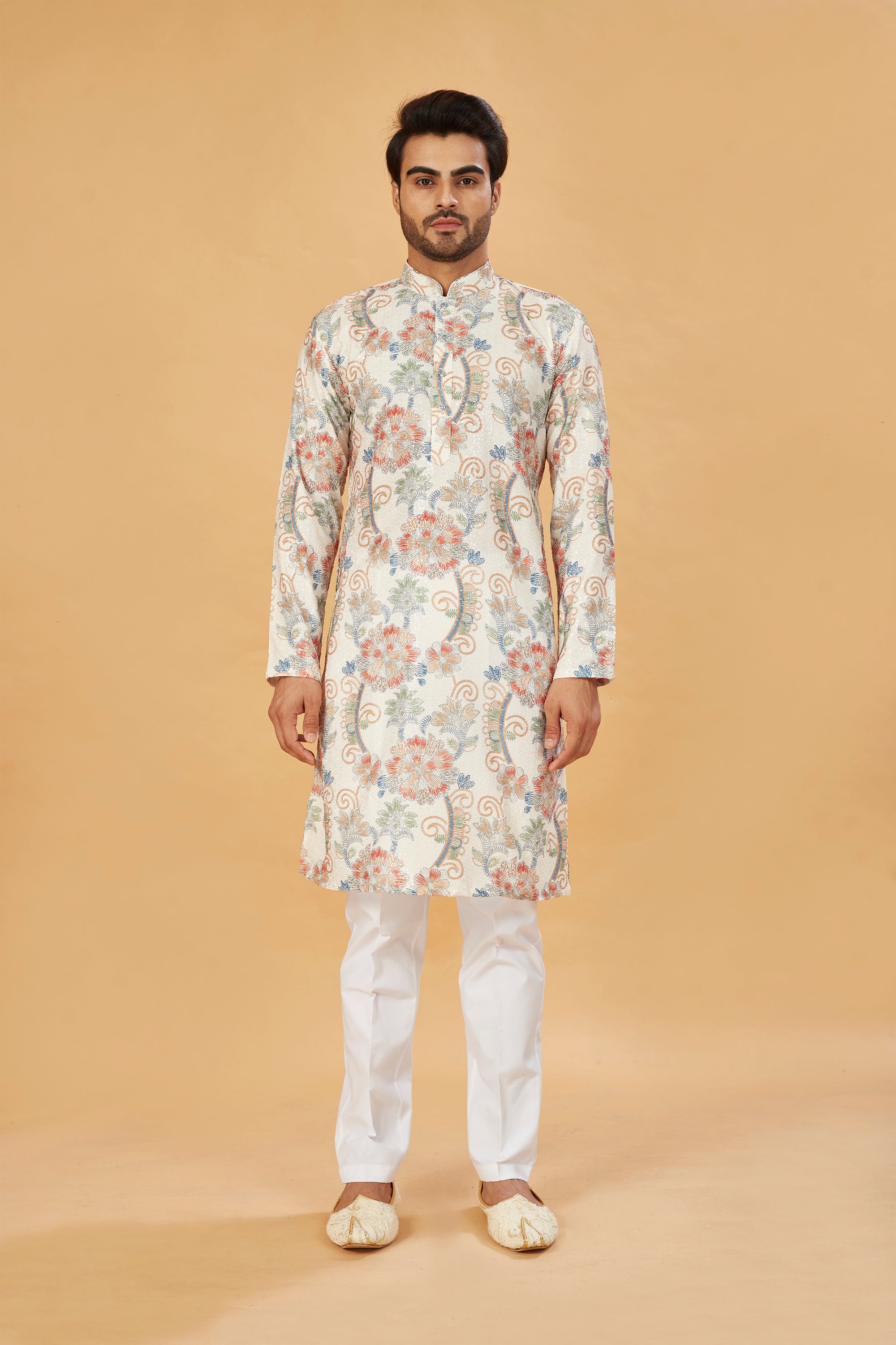 White Kurta with Blue and Beige Floral Print
