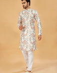 White Kurta with Blue and Beige Floral Print