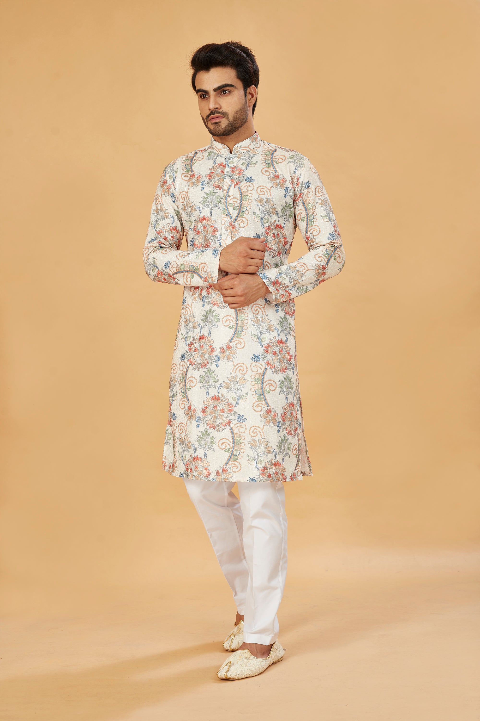 White Kurta with Blue and Beige Floral Print
