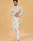 White Kurta with Blue and Beige Floral Print