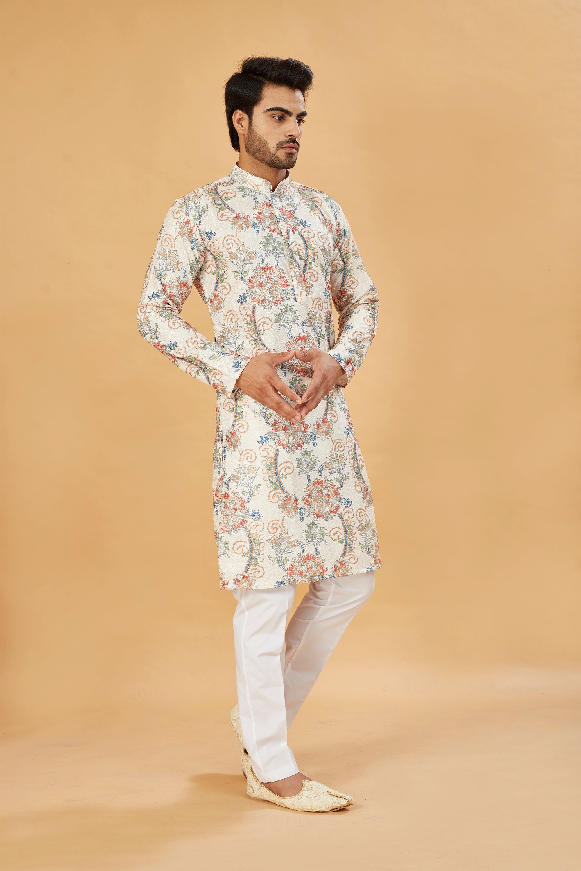 White Kurta with Blue and Beige Floral Print
