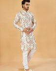 White Kurta with Blue and Beige Floral Print