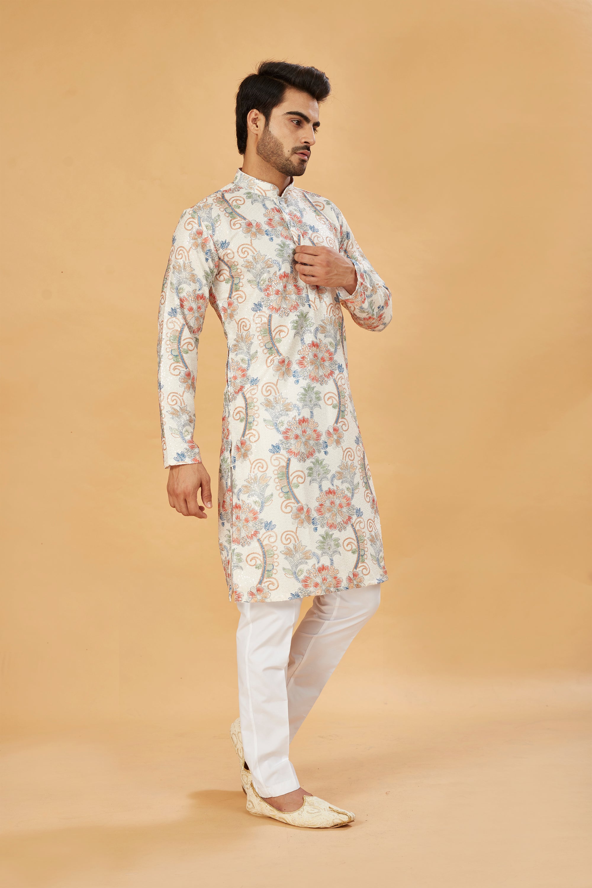 White Kurta with Blue and Beige Floral Print