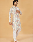 White Kurta with Blue and Beige Floral Print