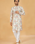 White Kurta with Blue and Beige Floral Print