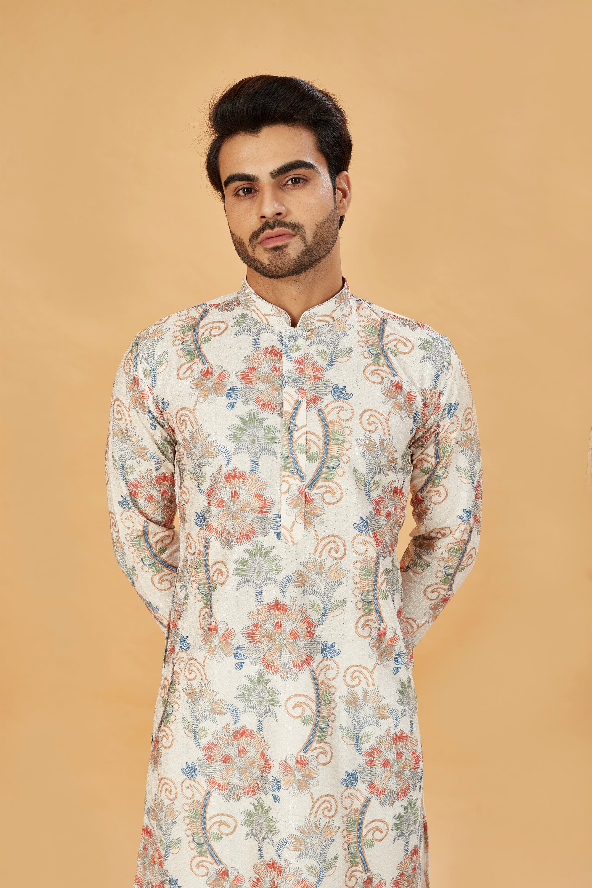 White Kurta with Blue and Beige Floral Print