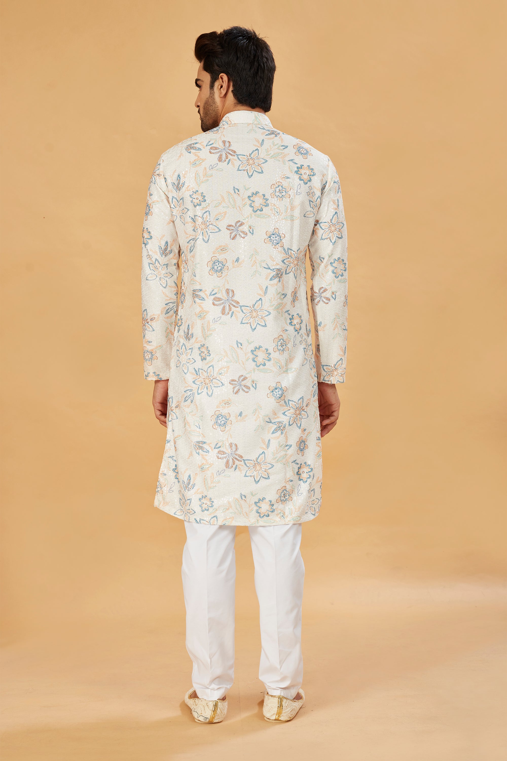 White Kurta with Blue and Beige Floral Print