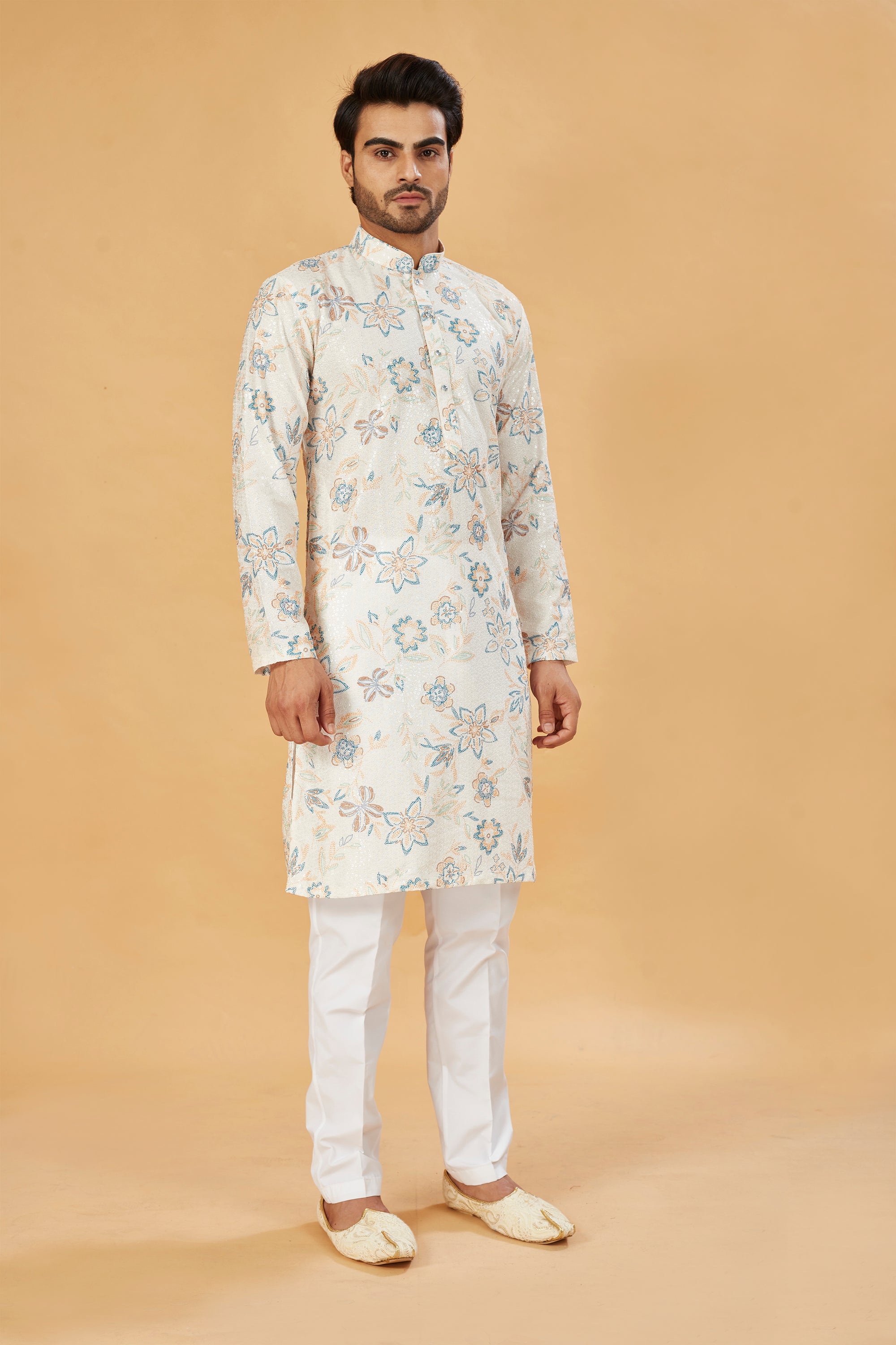 White Kurta with Blue and Beige Floral Print