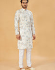 White Kurta with Blue and Beige Floral Print