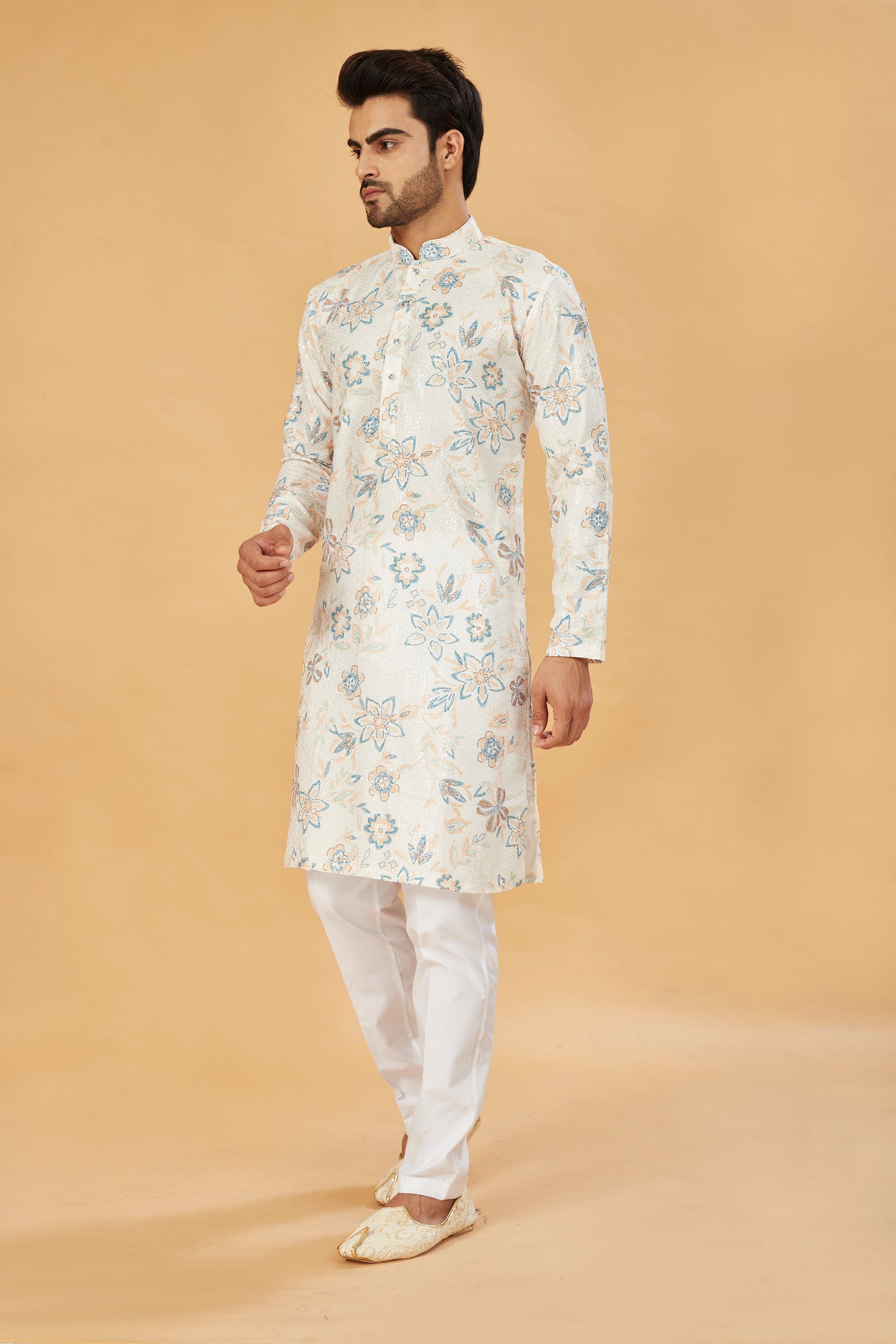 White Kurta with Blue and Beige Floral Print