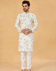 White Kurta with Blue and Beige Floral Print