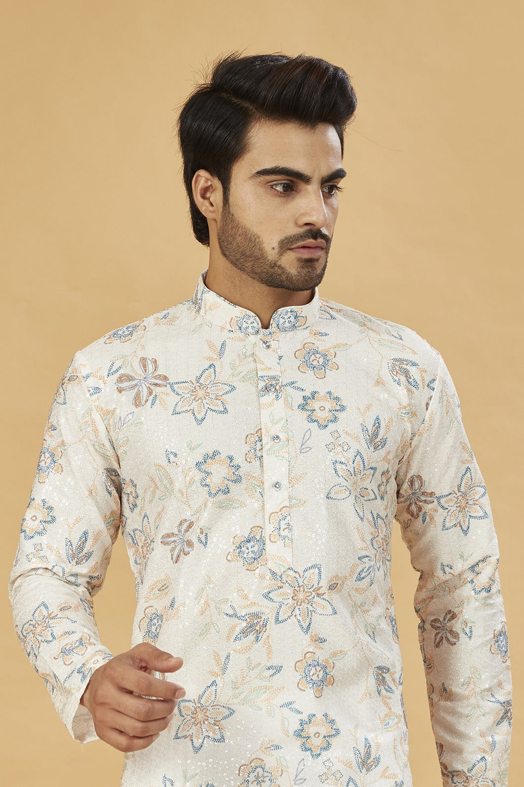 White Kurta with Blue and Beige Floral Print