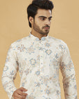 White Kurta with Blue and Beige Floral Print