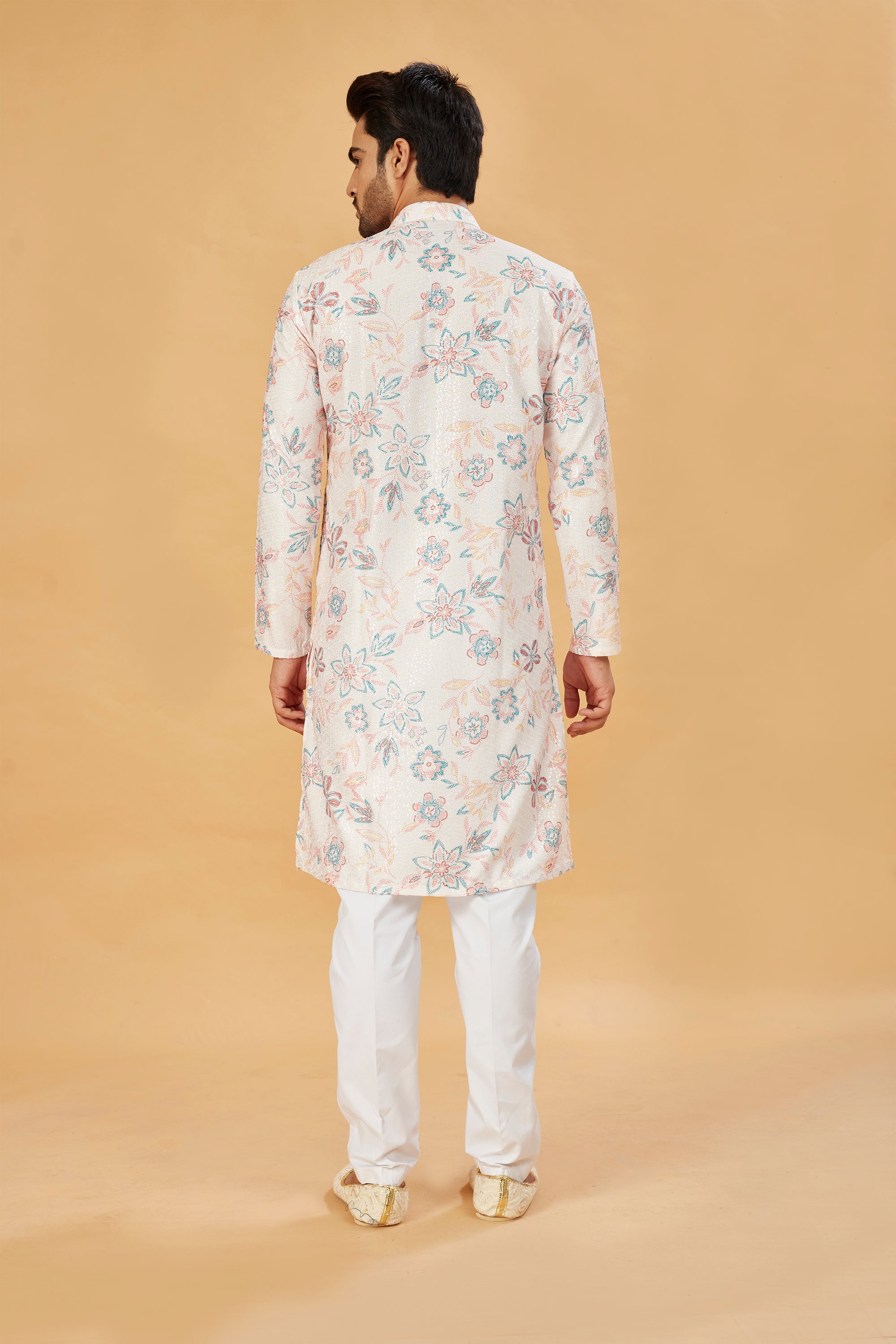 White Kurta with Blue and Beige Floral Print