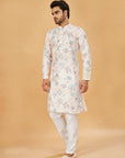 White Kurta with Blue and Beige Floral Print