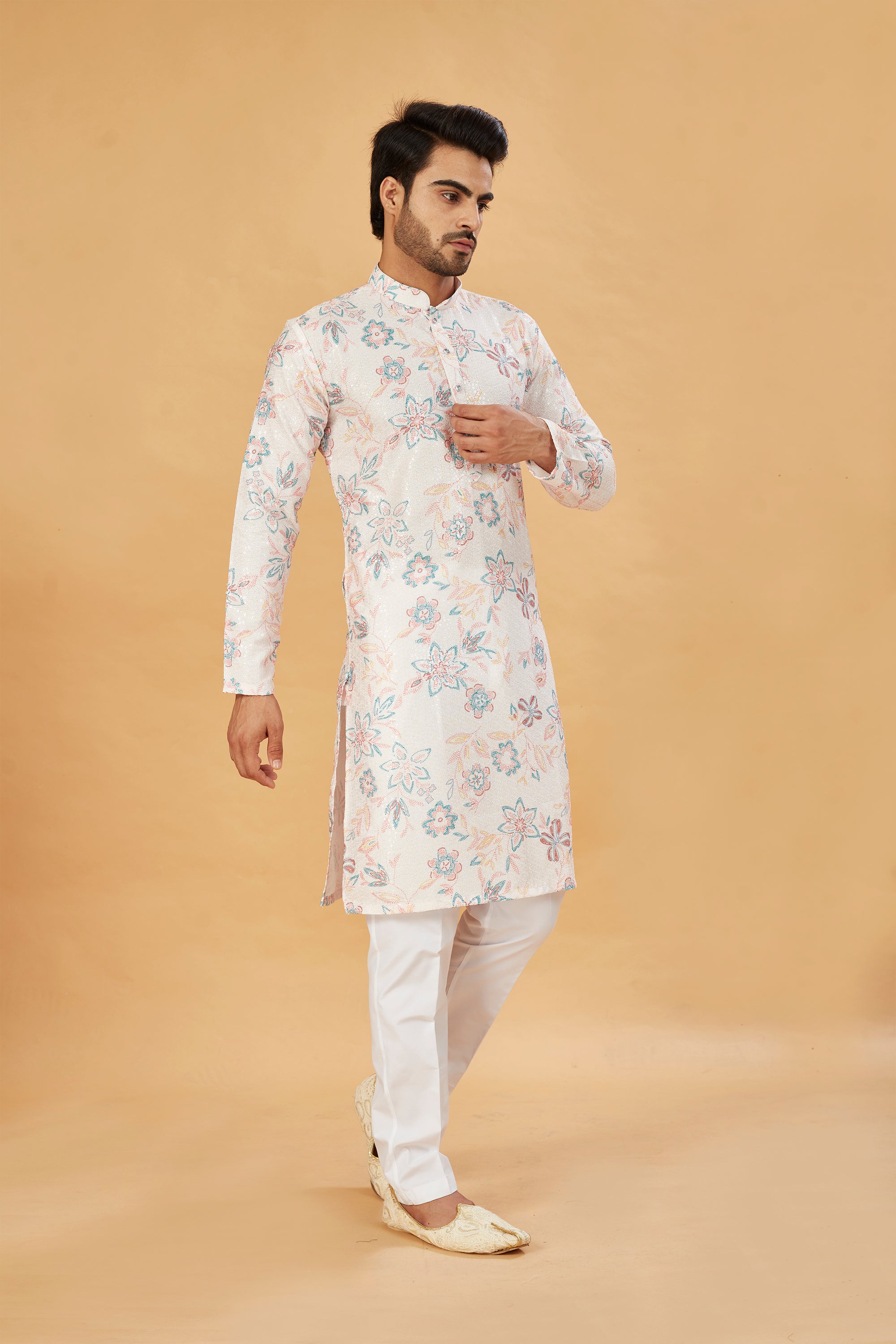 White Kurta with Blue and Beige Floral Print