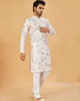 White Kurta with Blue and Beige Floral Print