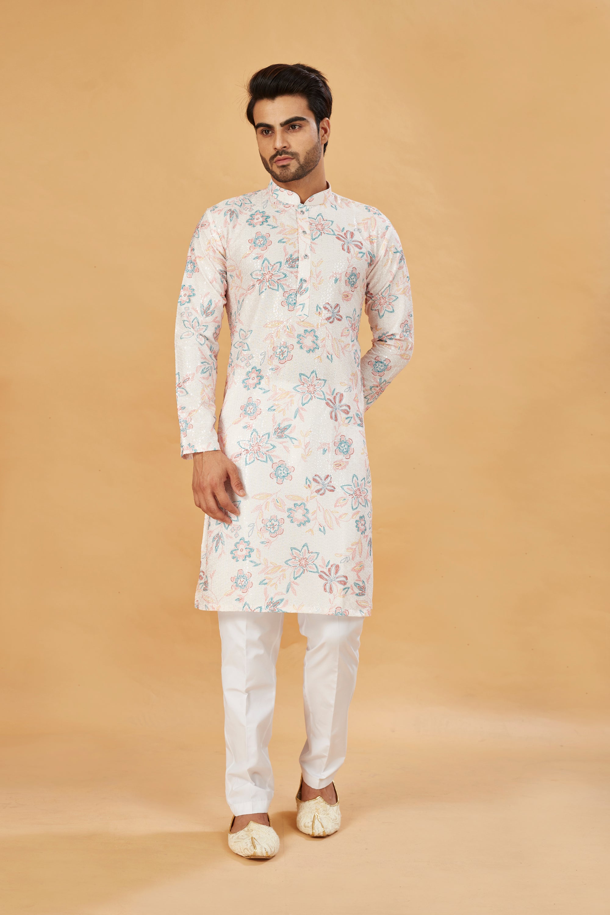 White Kurta with Blue and Beige Floral Print