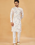 White Kurta with Blue and Beige Floral Print