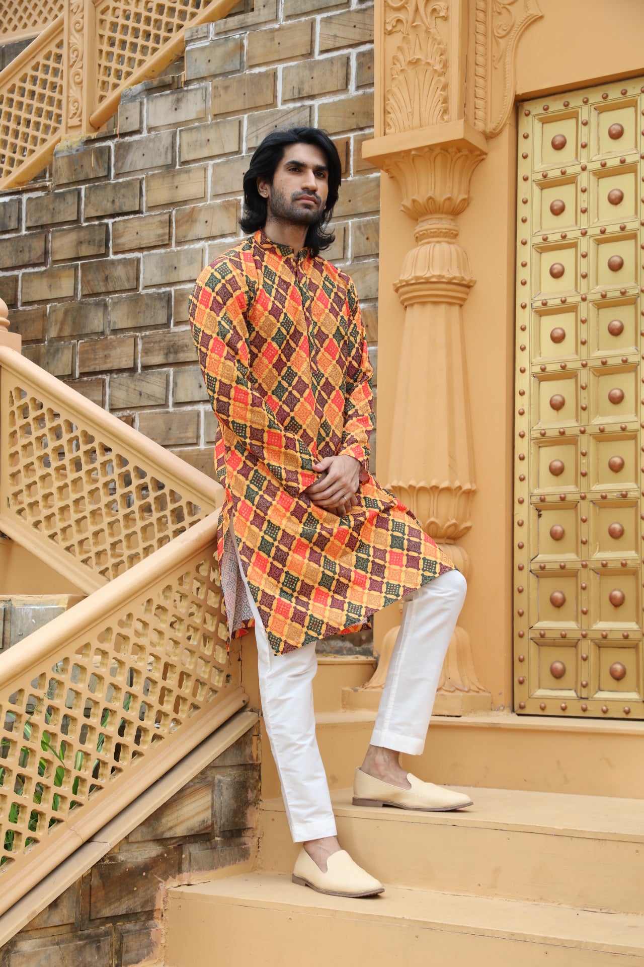 Mustard Checkered Kurta