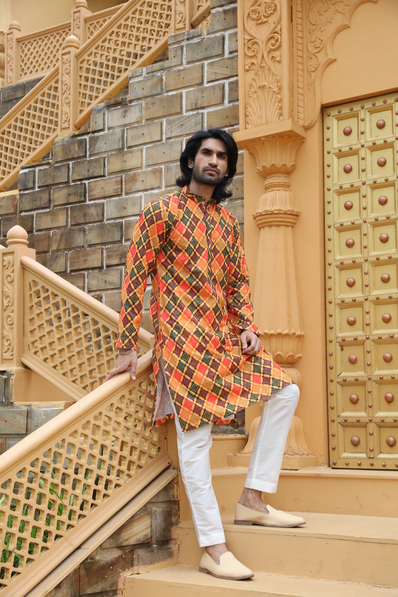 Mustard Checkered Kurta