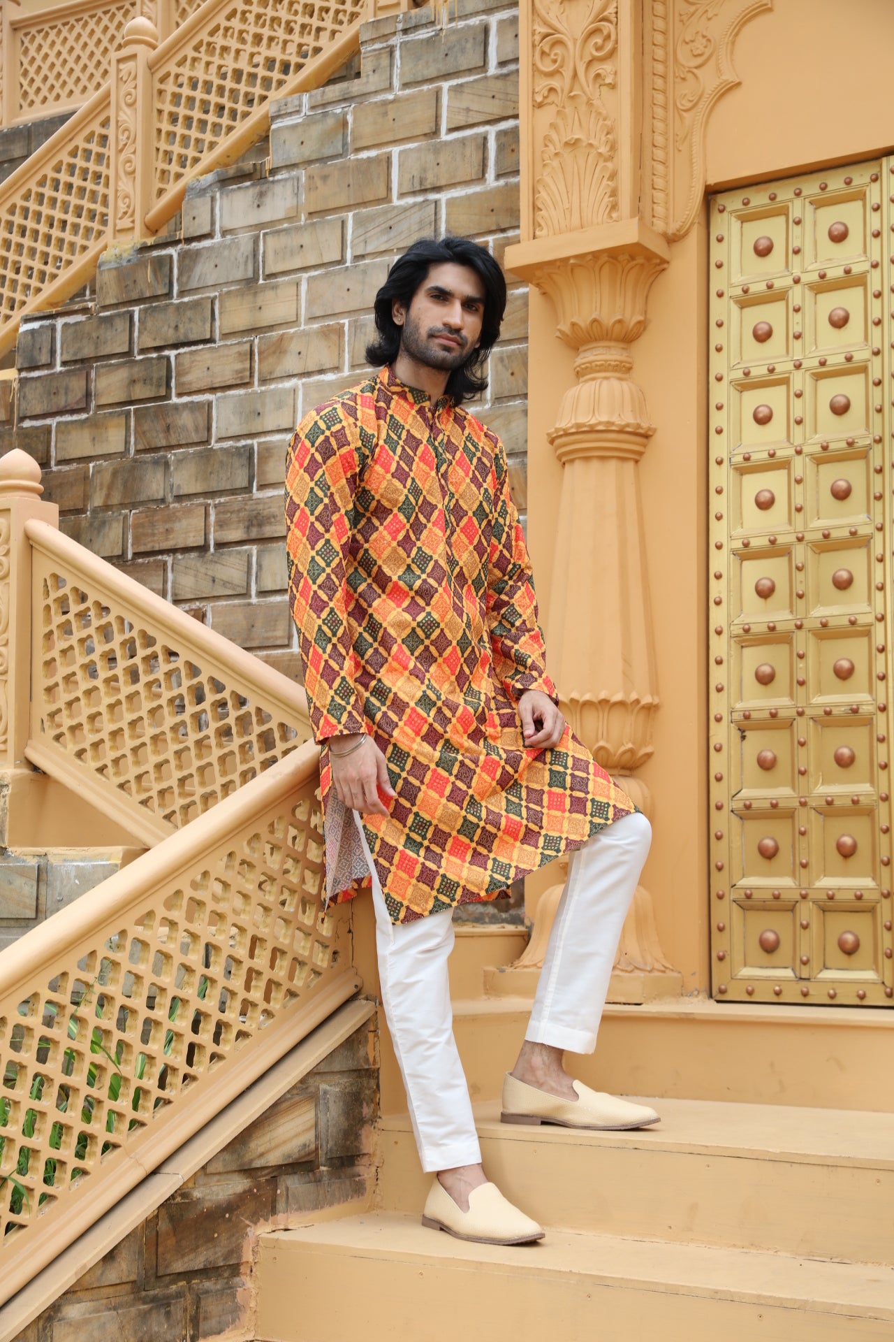 Mustard Checkered Kurta