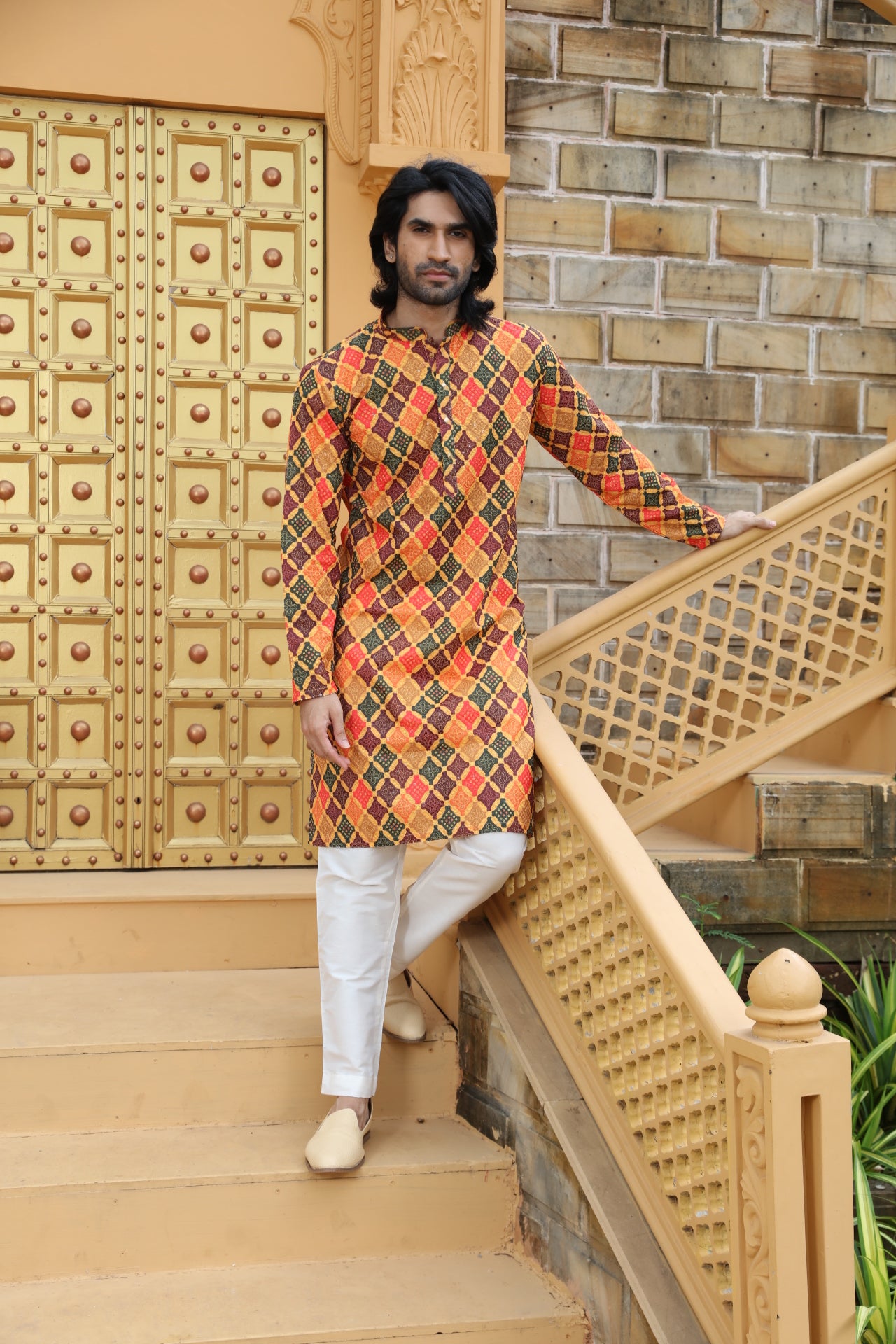 Mustard Checkered Kurta
